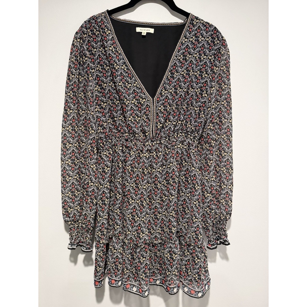 Max Studio Black Blue Floral V-Neck Smocked Ruffle Chiffon Short Dress Medium